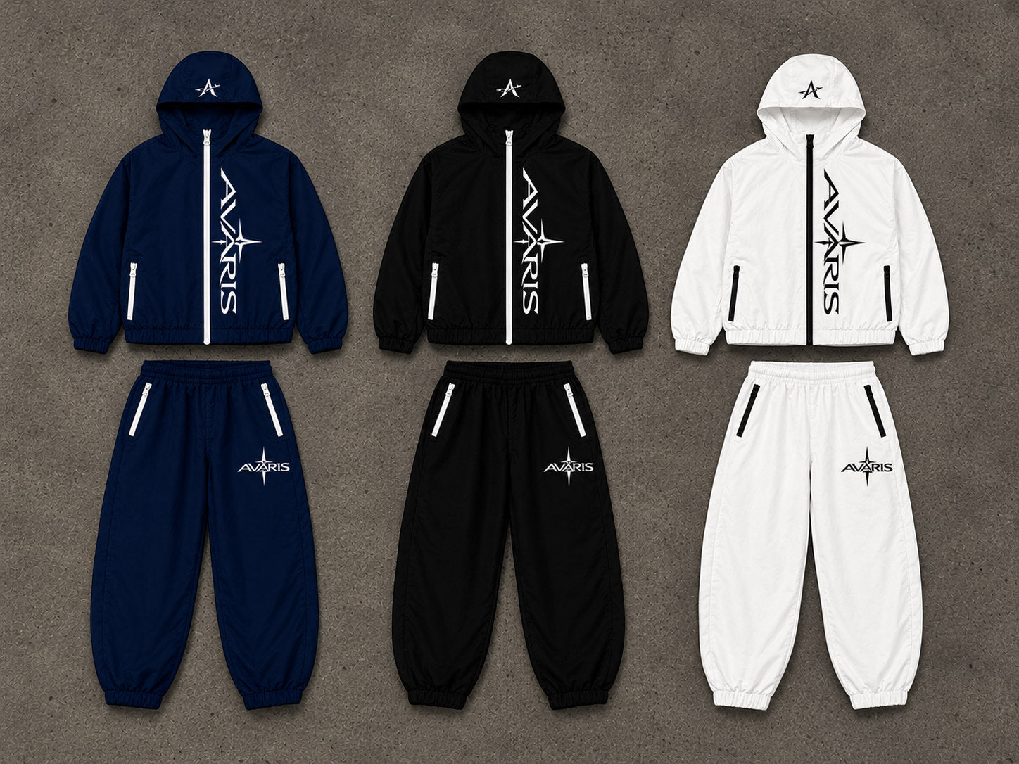AVARIS tracksuit collection in navy, black, and white